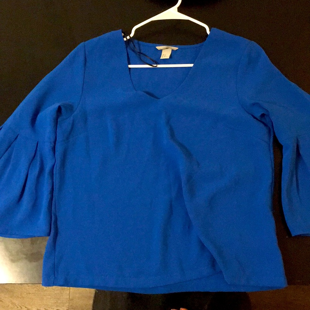 H&M Solid Blue 3/4 Wide Lantern Blouse Top
